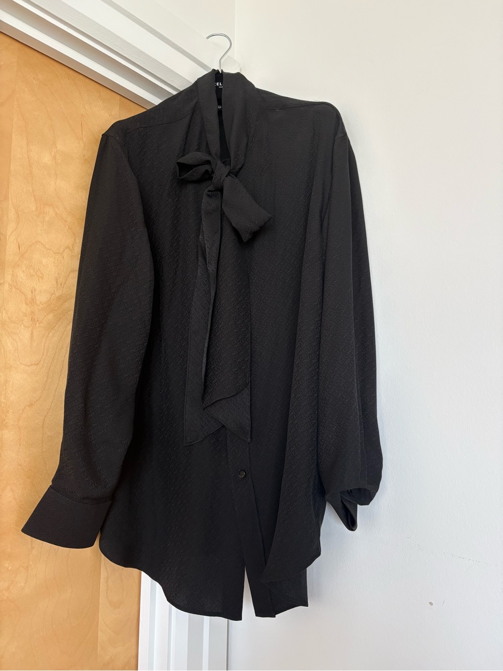 Celine Logo Black Tie-Neck Blouse- Women's Elegant Layer